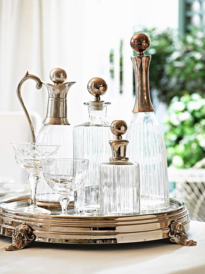 Elegant Carafes And Crystal Glasses On Silver Tray Photograph by Great Stock!