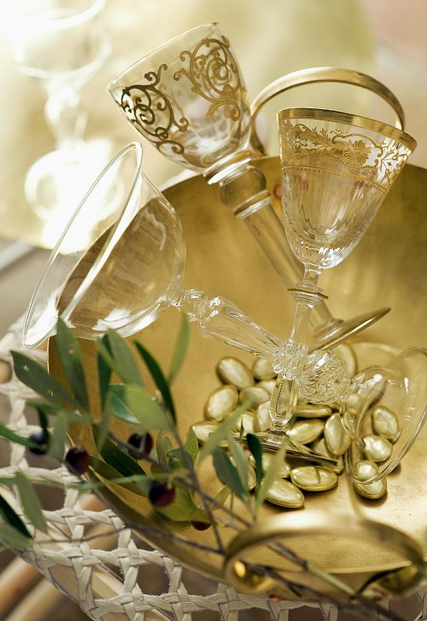 Elegant Crystal Glasses In Silver Bowl Photograph by Frederic Vasseur