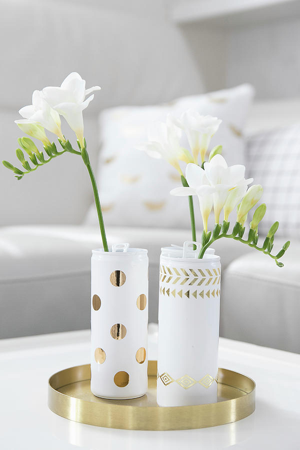 Elegant Hand-made Vases On Golden Tray On Coffee Table Photograph by Astrid Algermissen