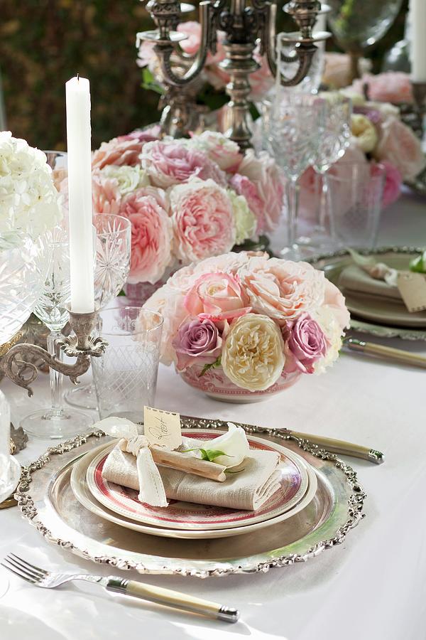 Elegant Place Settings And Arrangements Of Pink And White Roses On Festive Table Photograph by Great Stock!
