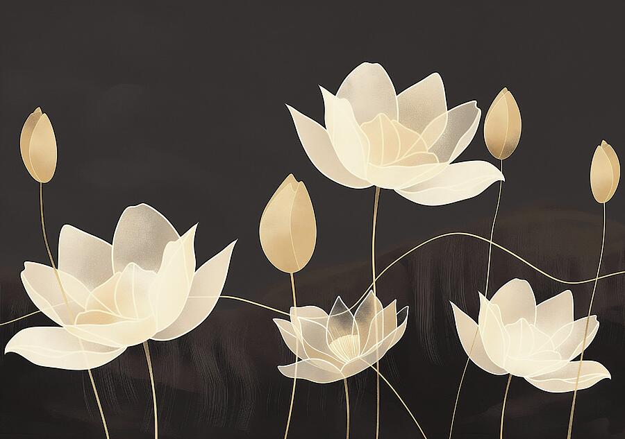 Elegant White Flowers On Dark Background Digital Art by Trendy Art