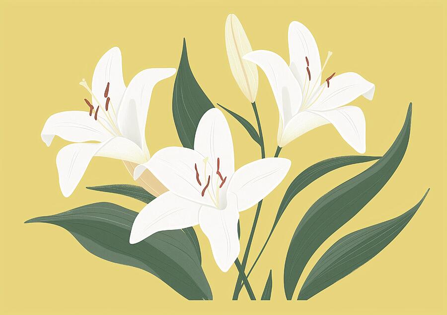 Elegant White Lilies On Yellow Background Digital Art by Trendy Art Elegant White Lilies On Yellow Background Digital Art by Trendy Art