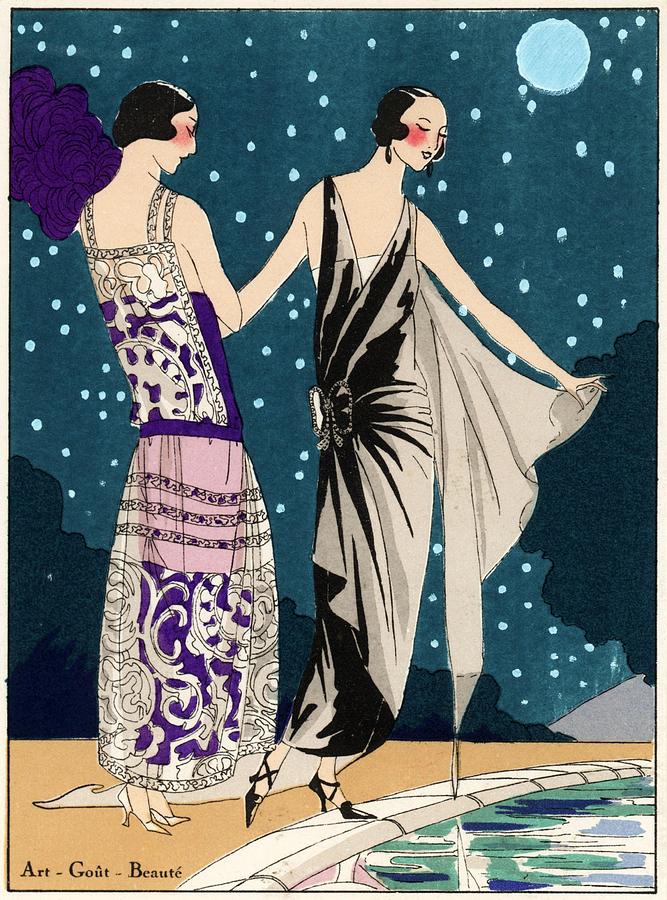 Elegant women at a swimming pool in the moonlight. Drawing by Album