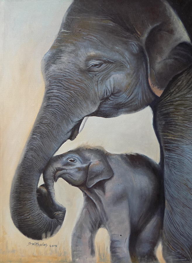 Elephant and Calf Painting by Olaoluwa Smith