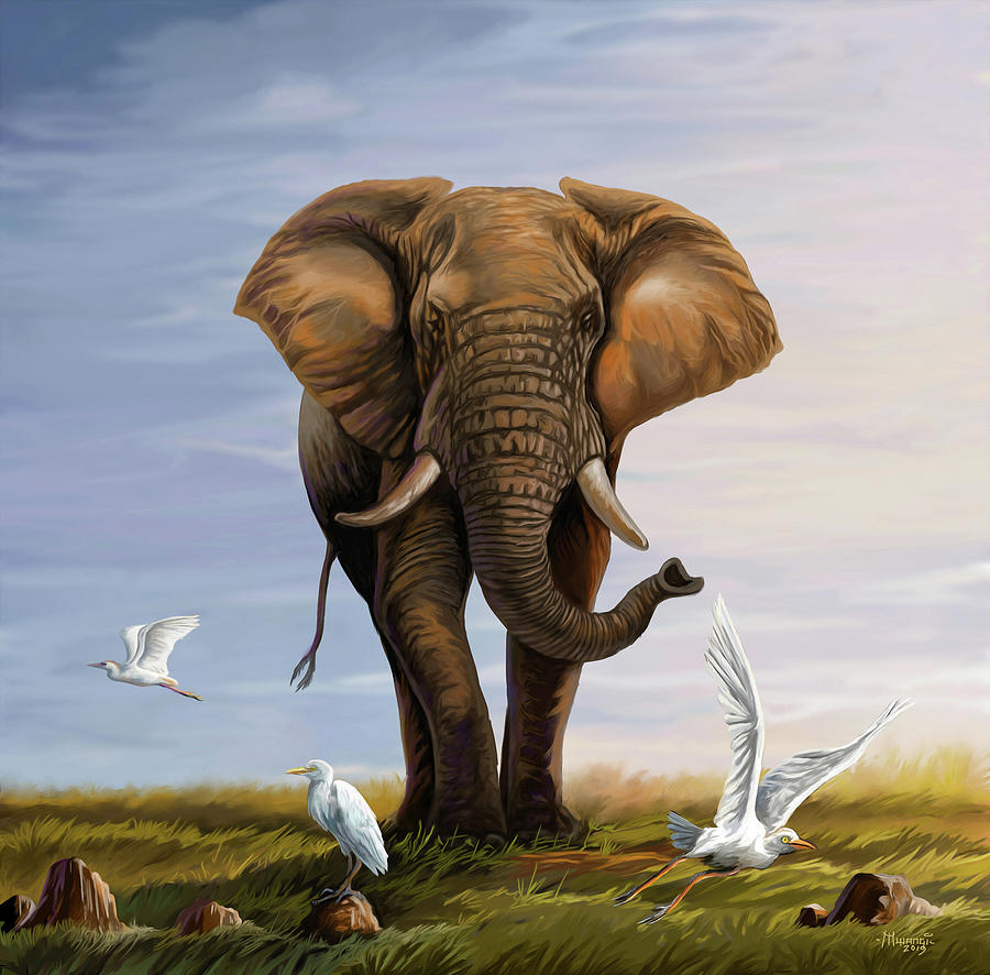 Elephant and Cattle Egrets Painting by Anthony Mwangi