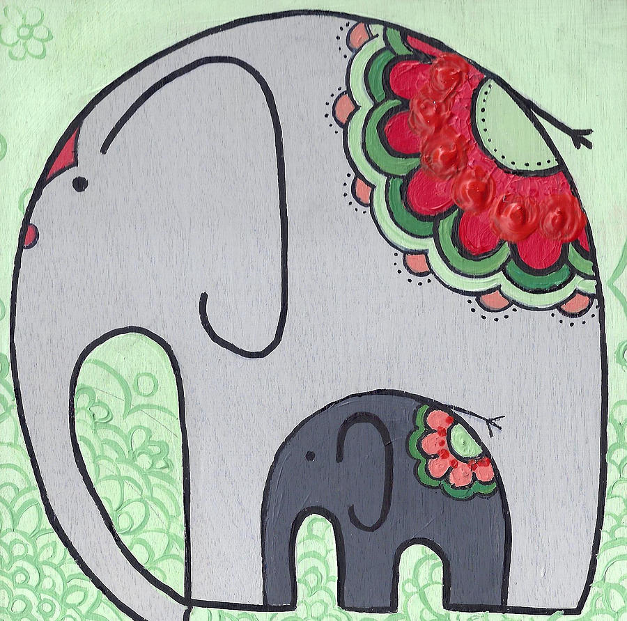 Caroline Painting - Elephant and Child on green by Caroline Sainis Caroline Painting - Elephant and Child on green by Caroline Sainis