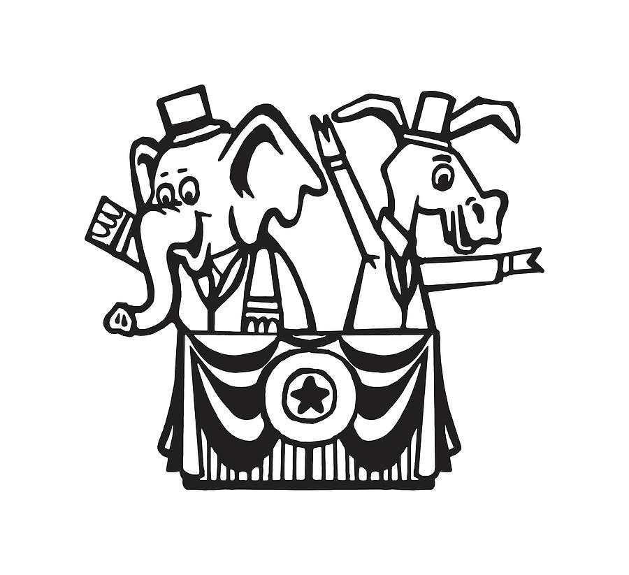 Black And White Drawing - Elephant and Donkey Political Candidates by CSA Images
