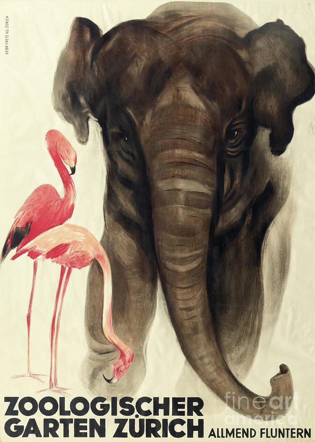 Elephant Painting - Elephant and Flamingos Vintage Zoo Poster by Mindy Sommers