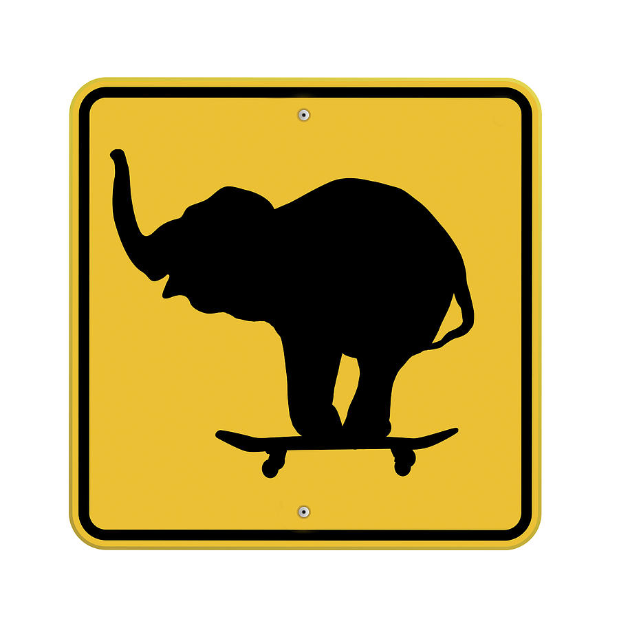 Animal Painting - Elephant On Skateboard Crossing Sign by J Hovenstine Studios
