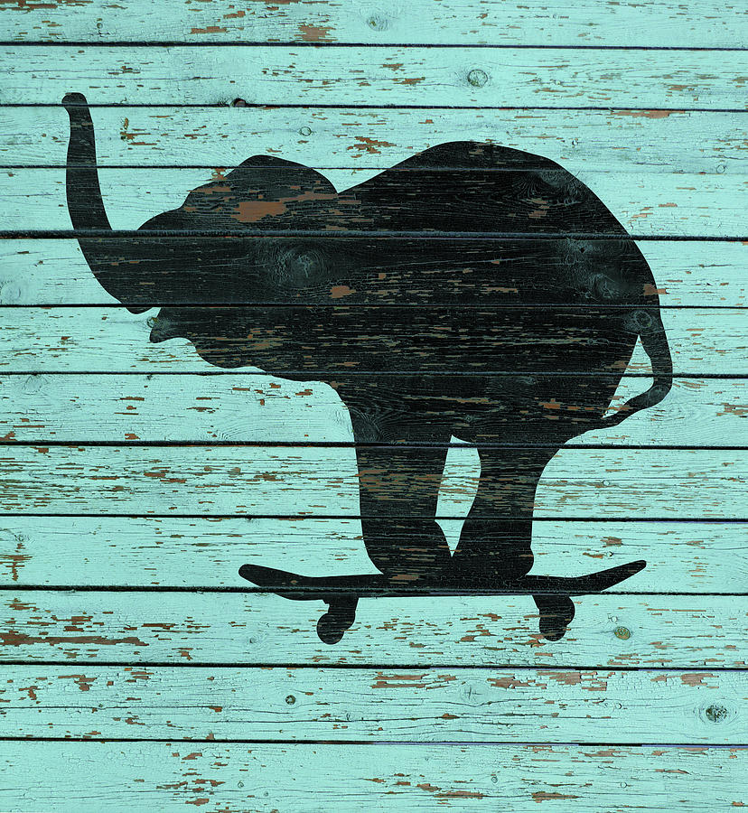 Animal Painting - Elephant On Skateboard On Old Board by J Hovenstine Studios