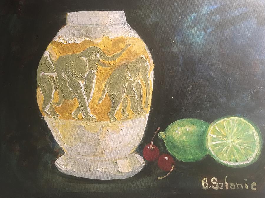 Elephant vase and fruit Painting by Barbara Szlanic