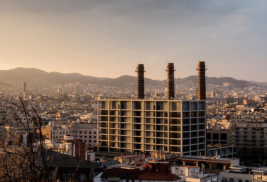 Architecture Digital Art - Elevated Cityscape View With Row Of Smokestacks, Barcelona, Spain by Max Bailen