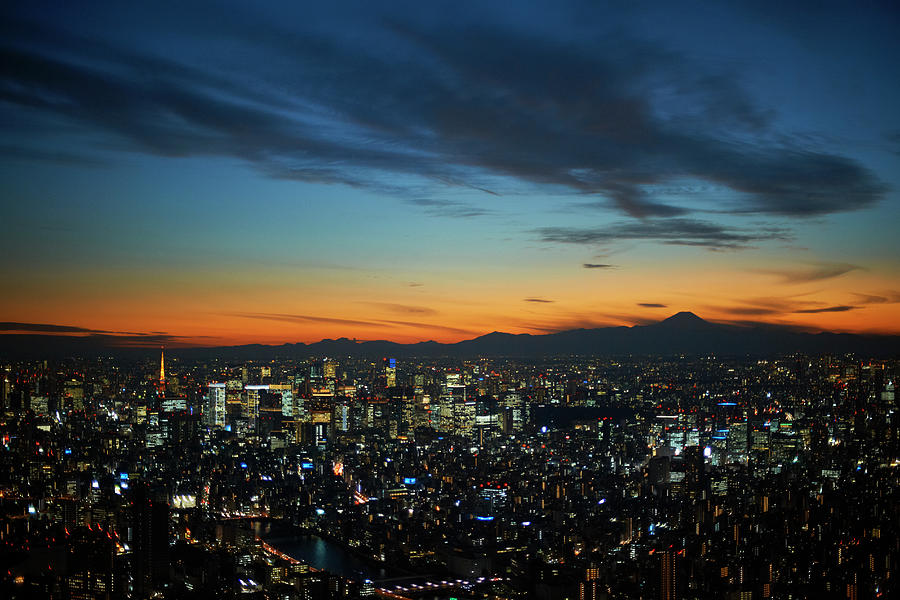 Elevated Cityscape View With Sunset Over Silhouetted Mount Fuji, Tokyo ...