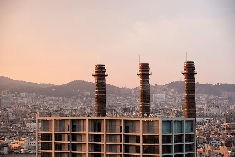 Architecture Digital Art - Elevated Cityscape With Row Of Smoke Stacks, Barcelona, Spain by Max Bailen