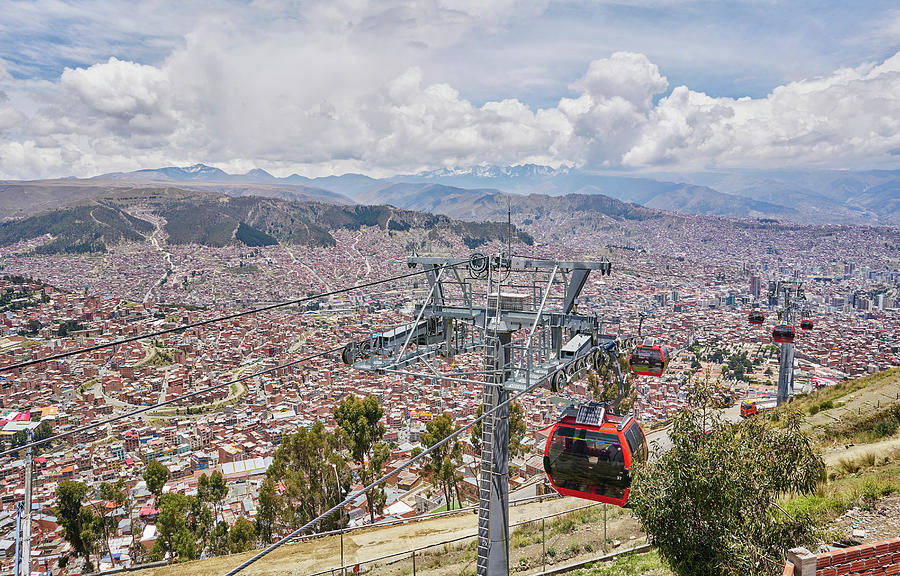 City Living Digital Art - Elevated View Of City With Cable Cars In Foreground, La Paz, Bolivia, South America by Stefan Schuetz