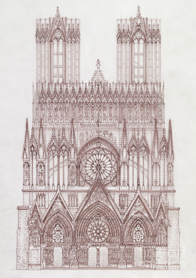 Notre Dame Drawing - Elevation Of The West Facade Of The Cathedral Of Notre Dame, Reims by French School