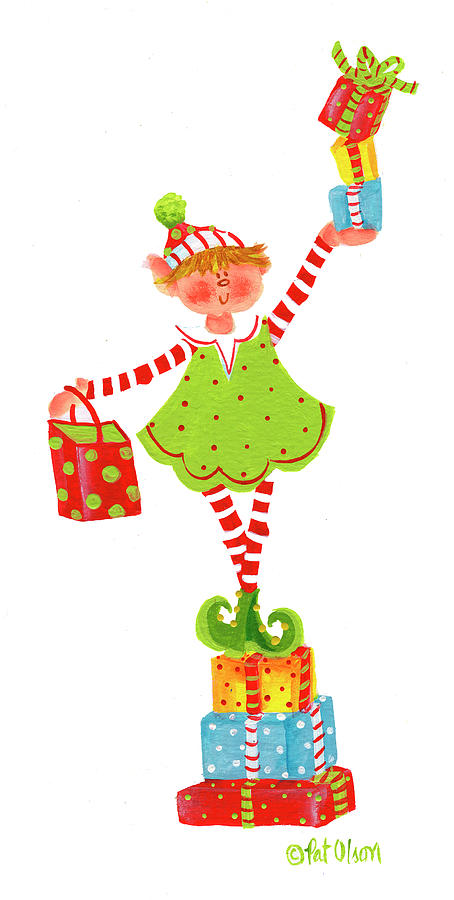 Christmas Painting - Elf Green Dress On Packages by Pat Olson Fine Art And Whimsy