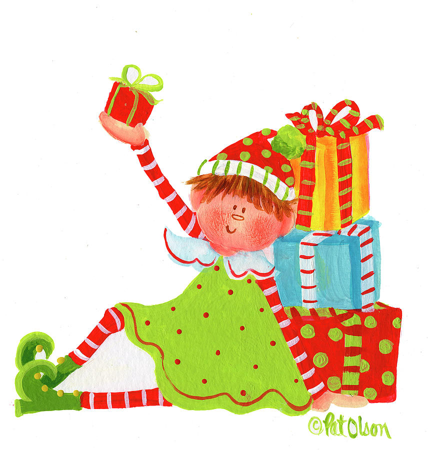 Christmas Painting - Elf Green Dress Sitting by Pat Olson Fine Art And Whimsy
