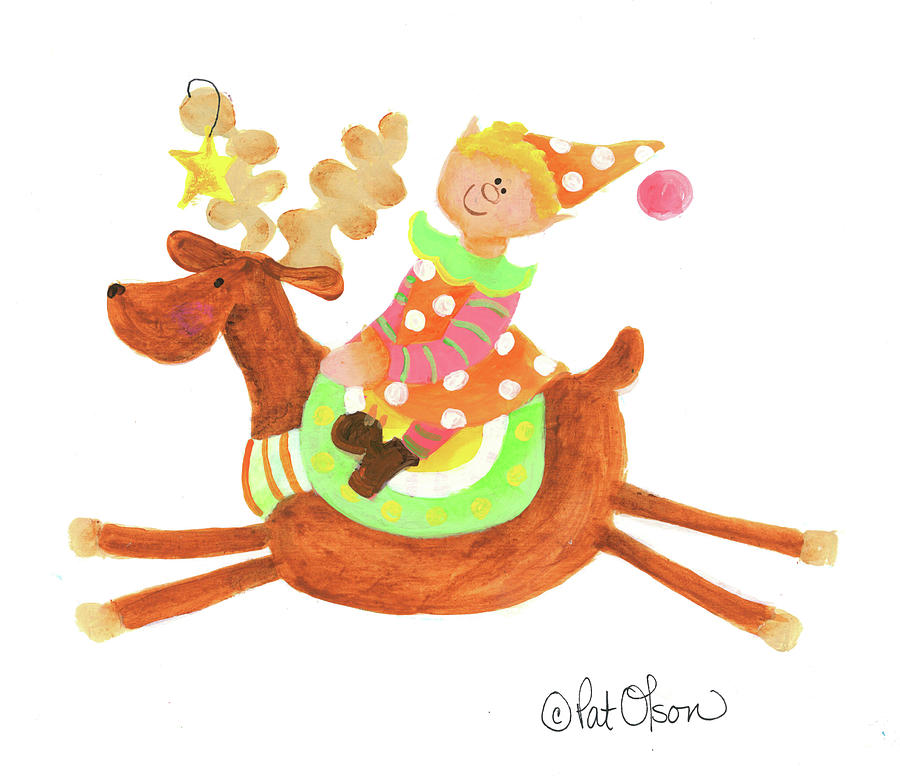 Christmas Painting - Elf On Reindeer by Pat Olson Fine Art And Whimsy