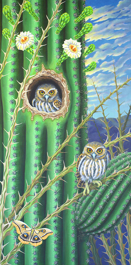 Owl Painting - Elf Owls in the Saguaro cactus by Tish Wynne