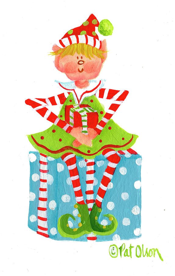 Christmas Painting - Elf Sitting On Gift by Pat Olson Fine Art And Whimsy