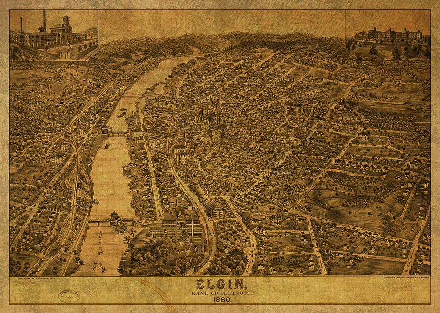 Elgin Illinois Vintage City Street Map 1880 Mixed Media by Design ...