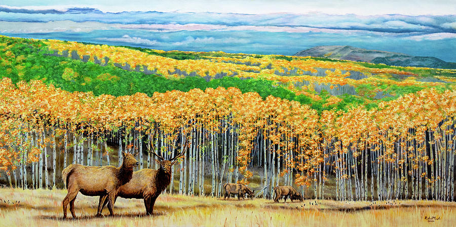 Elk Painting - Elk Among The Aspens by Roland Miguel