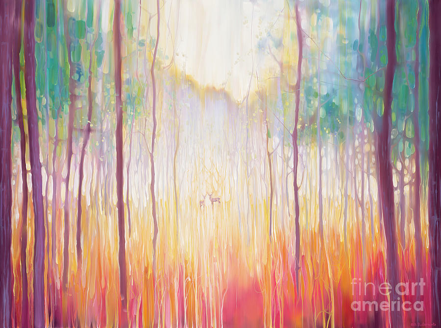 Elusive-2 - a large original oil on canvas of an autumn forest clearing with deer Painting by Gill Bustamante