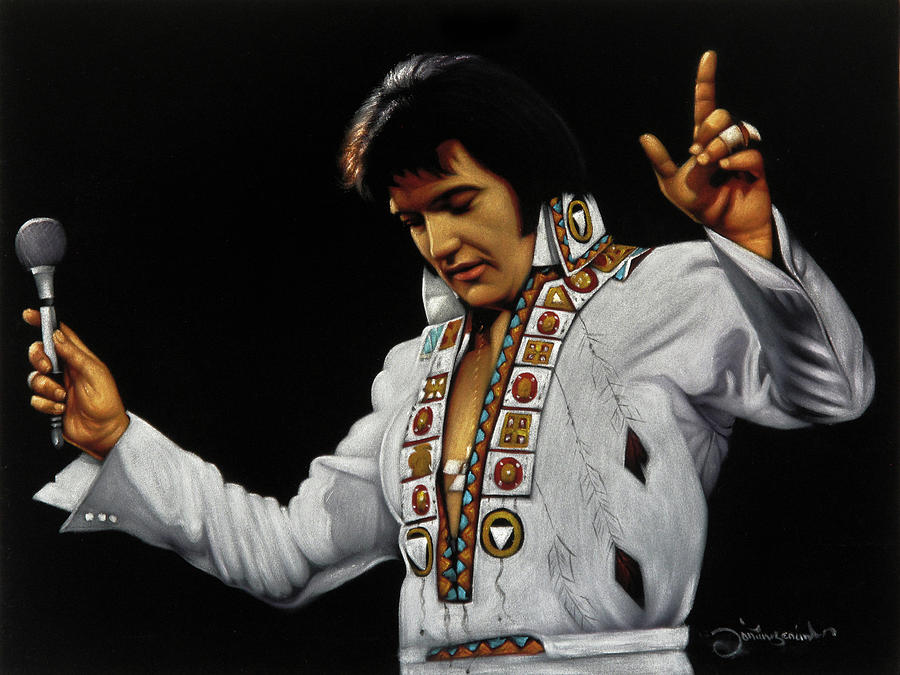 Elvis Presley The King Portrait Vegas White Jumpsuit Oil Painting Velvet Jm271 Zenon Matias Jimenez 