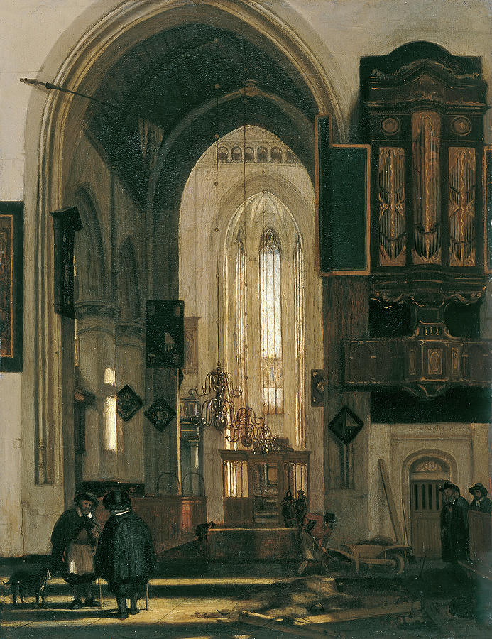 Emanuel de Witte -Alkmaar, ca. 1617-Amsterdam, 1691/1692-. Interior of a Gotic Church. Oil on pa... Painting by Emanuel de Witte -1617-1692-