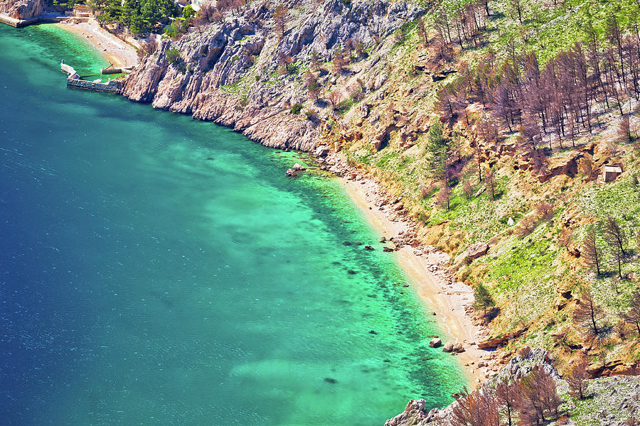 Emerald hidden beach under Biokovo mountain cliffs aerial view Photograph by Brch Photography