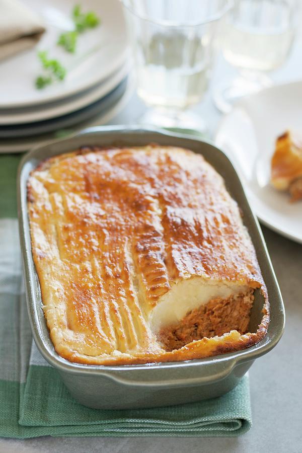 Empado minced Beef And Mashed Potato Bake, Portugal In A Baking Dish With One Portion Removed Photograph by Joana Leito