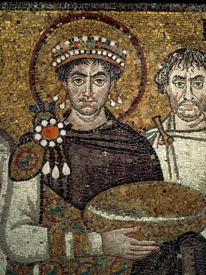 Emperor Justinian -483-565- holding paten in San Vitale , 6th century . Ravenna. San Vitale, Rave... Painting by Album