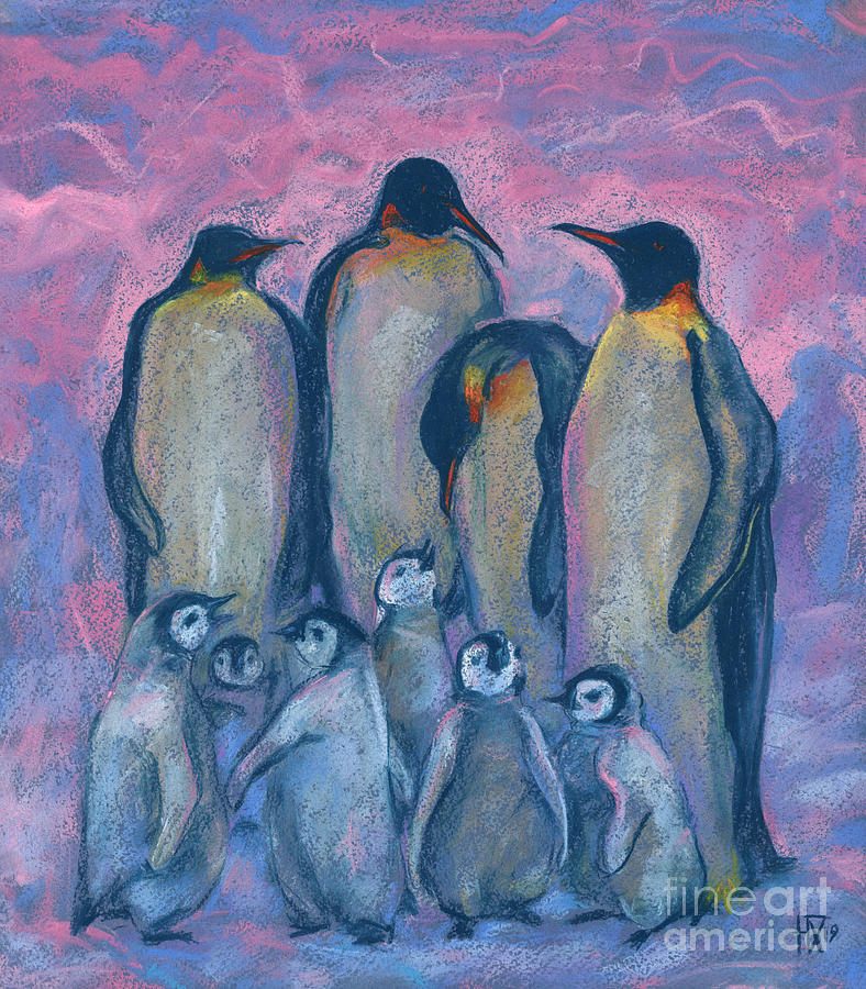 Emperor Penguins With Baby Chicks, Antarctic Winter, Pink And Blue Pastel