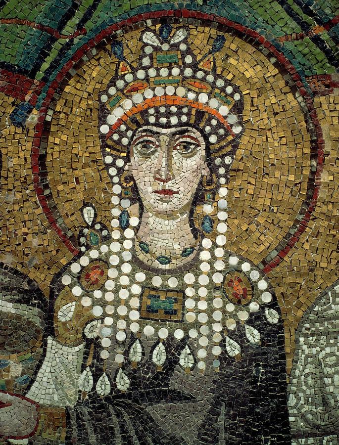 Empress Theodora -500-548- in San Vitale, VIth century, Ravenna, mosaic detail. Painting by Album