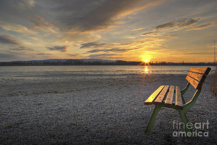Empty Bench At The Edge Of Constant Lake. Photography Bench At Sunset, Lake Constance, Markelfingen, Radolfzell, County Of Constance, Baden-wurttemberg, Germany, Europe Photograph by 