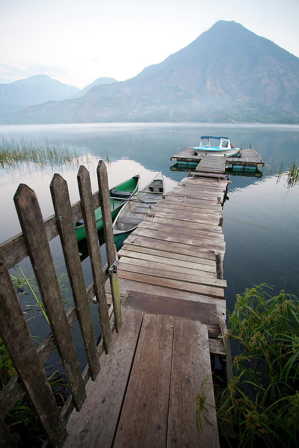 Empty Dock On Volcanic Lake With Old Photograph by Andrew Geiger