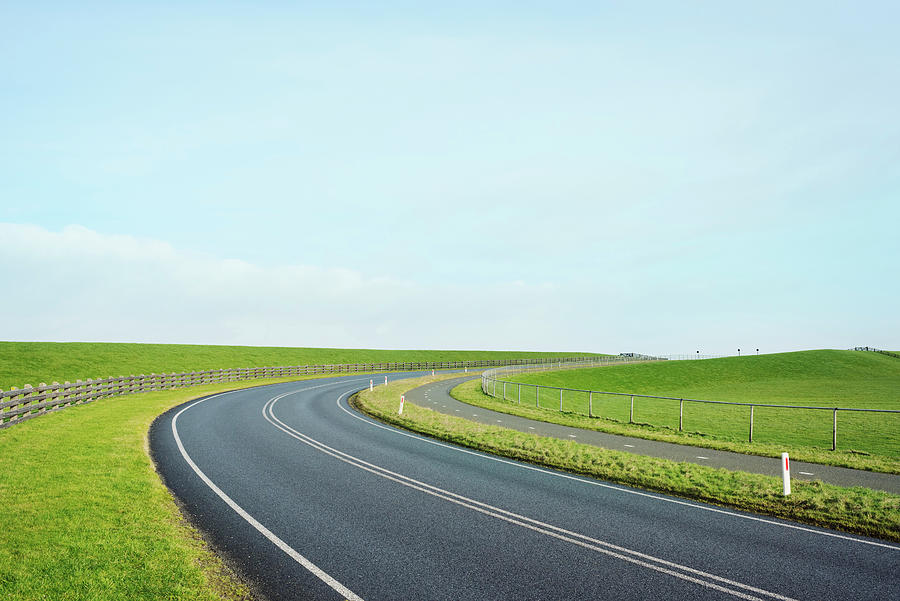 Empty Road Through The Dyke Besides The Waddensea, Holwerd, Friesland ...