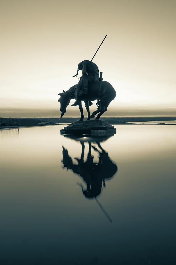 End of the Trail Statue Silhouette - Top of the Rock Reflections in Sepia Photograph by Gregory Ballos