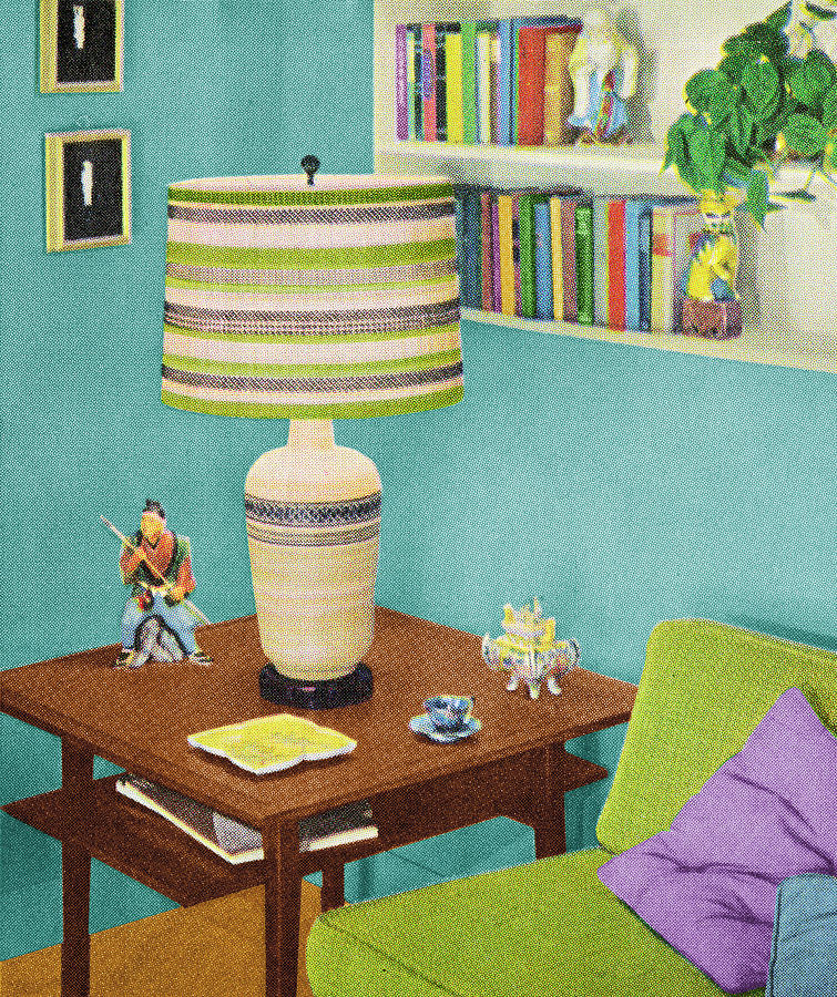 Vintage Drawing - End Table and Lamp by CSA Images