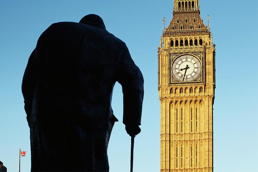 England, Great Britain, British Isles, London, City Of Westminster, Palace Of Westminster, Houses Of Parliament, Big Ben, Statue Of Sir Winston Churchill Digital Art by Richard Taylor