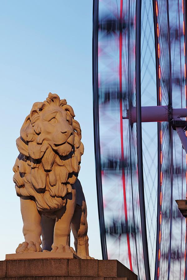 England, Great Britain, British Isles, London, London Borough Of Lambeth, London Eye, Millennium Wheel, The South Bank Lion Statue And The London Eye Digital Art by Richard Taylor