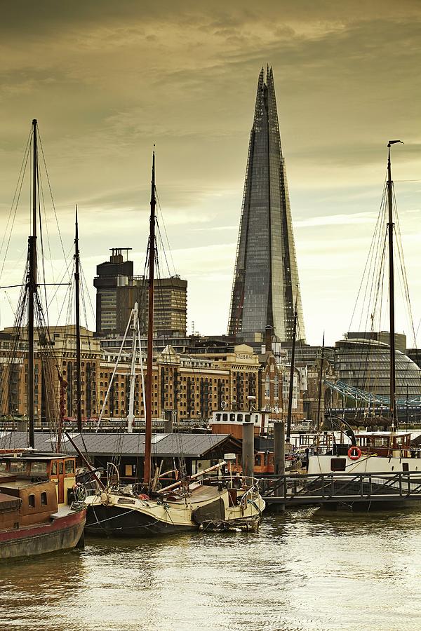 England, Great Britain, British Isles, London, Southwark, The Shard And Houseboats On The River Thames Digital Art by Richard Taylor