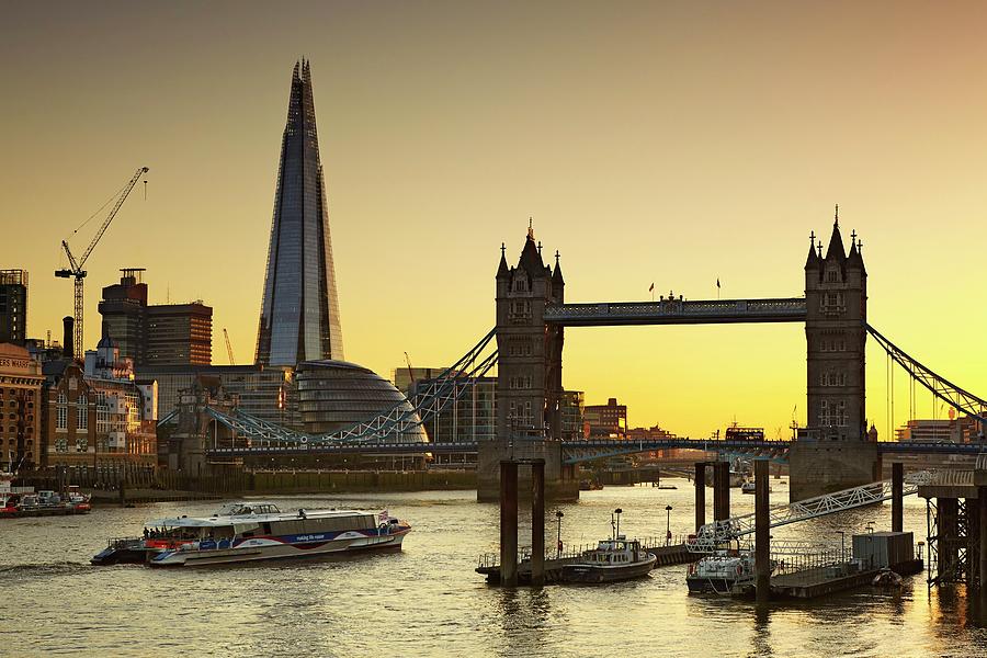 England, Great Britain, British Isles, London, Southwark, The Shard, City Hall, Tower Bridge And River Thames At Sunset Digital Art by Richard Taylor