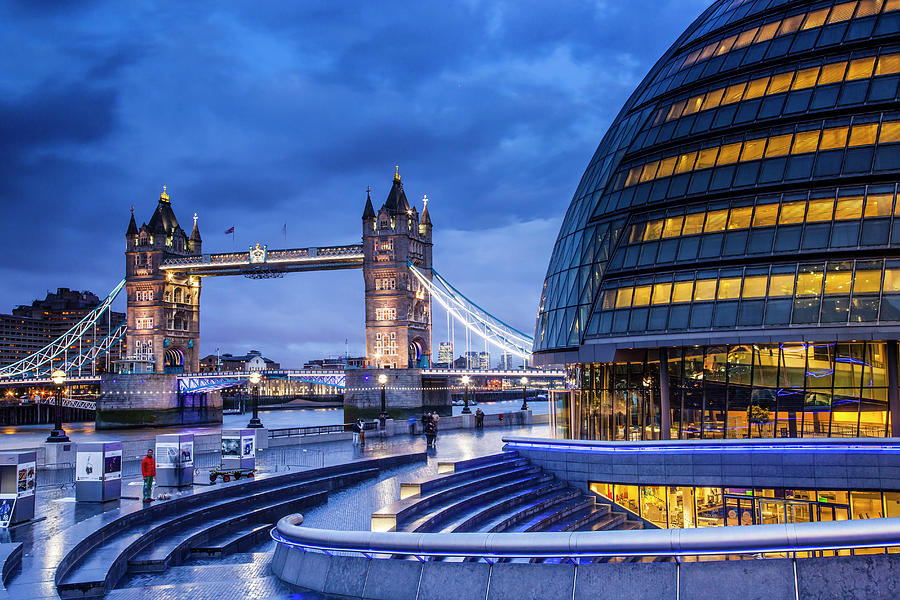 Architecture Digital Art - England, Great Britain, Thames, London, City Of London, Tower Bridge, Greater London Authority Headquarters With Tower Bridge In The Background by Davide Erbetta