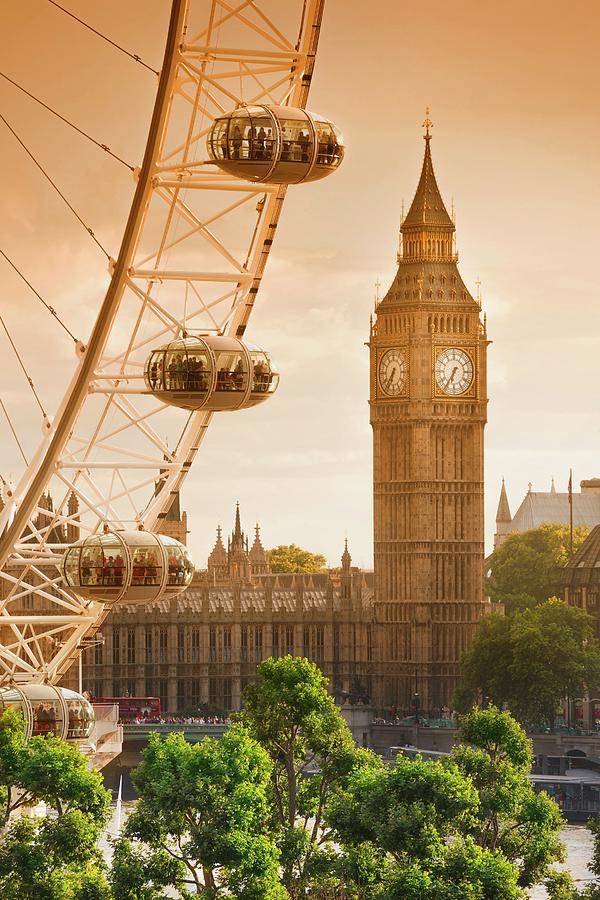 England, London, Great Britain, City Of Westminster, Big Ben And Part Of Millennium Wheel Digital Art by Massimo Ripani