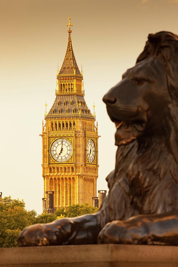 England, London, Great Britain, City Of Westminster, Big Ben And The Lion In Trafalgar Square Digital Art by Massimo Ripani
