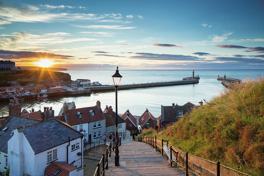 England, North Yorkshire, Great Britain, Whitby, View From The 199 Steps During Mid-summer Sunset Digital Art by Nick Ledger