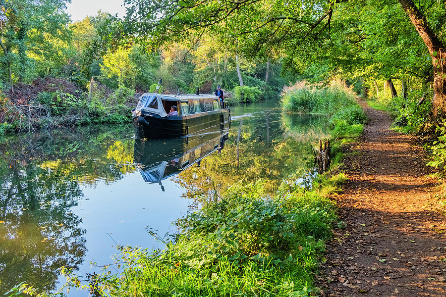 England, Surrey, Great Britain, British Isles, A Narrow Boat Along The Wey Navigation Canal In The Early Evening Light Digital Art by Justin Cliffe