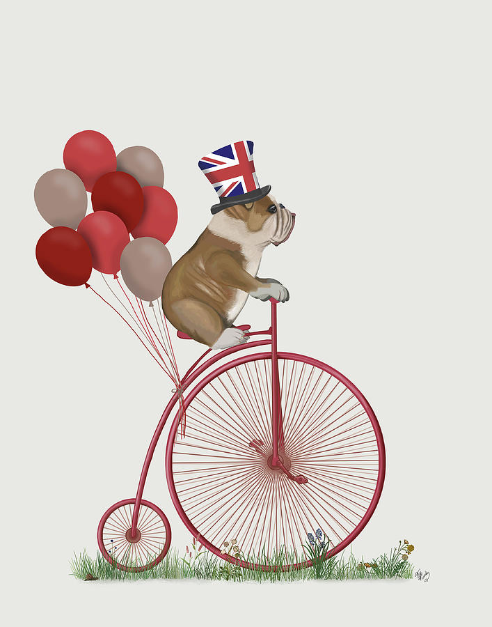 Dog Painting - English Bulldog On Penny Farthing by Fab Funky